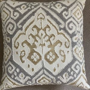 Three gold and silver pillows, includes inserts, 20x20” square